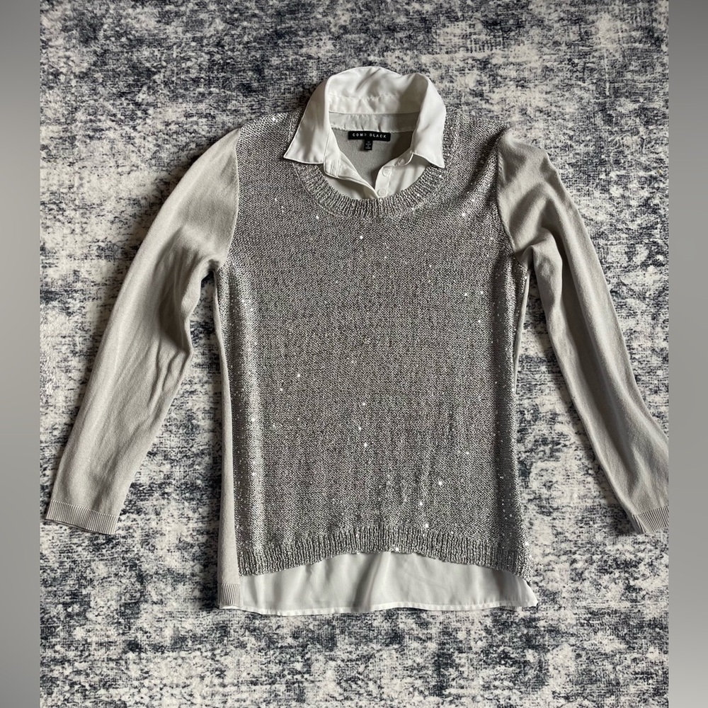 Silver Sequin Sweater with White Collar and shirt tail.
